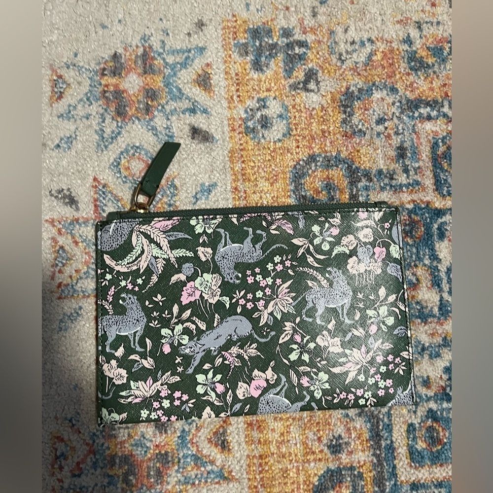 J.Crew leather pouch/clutch green jungle/botanical print